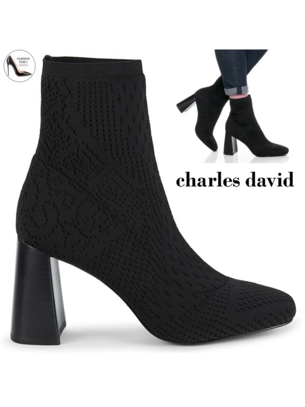CHARLES DAVID Turmoil Perforated Sock Heeled Booties Square Toe Ankle boots 7
